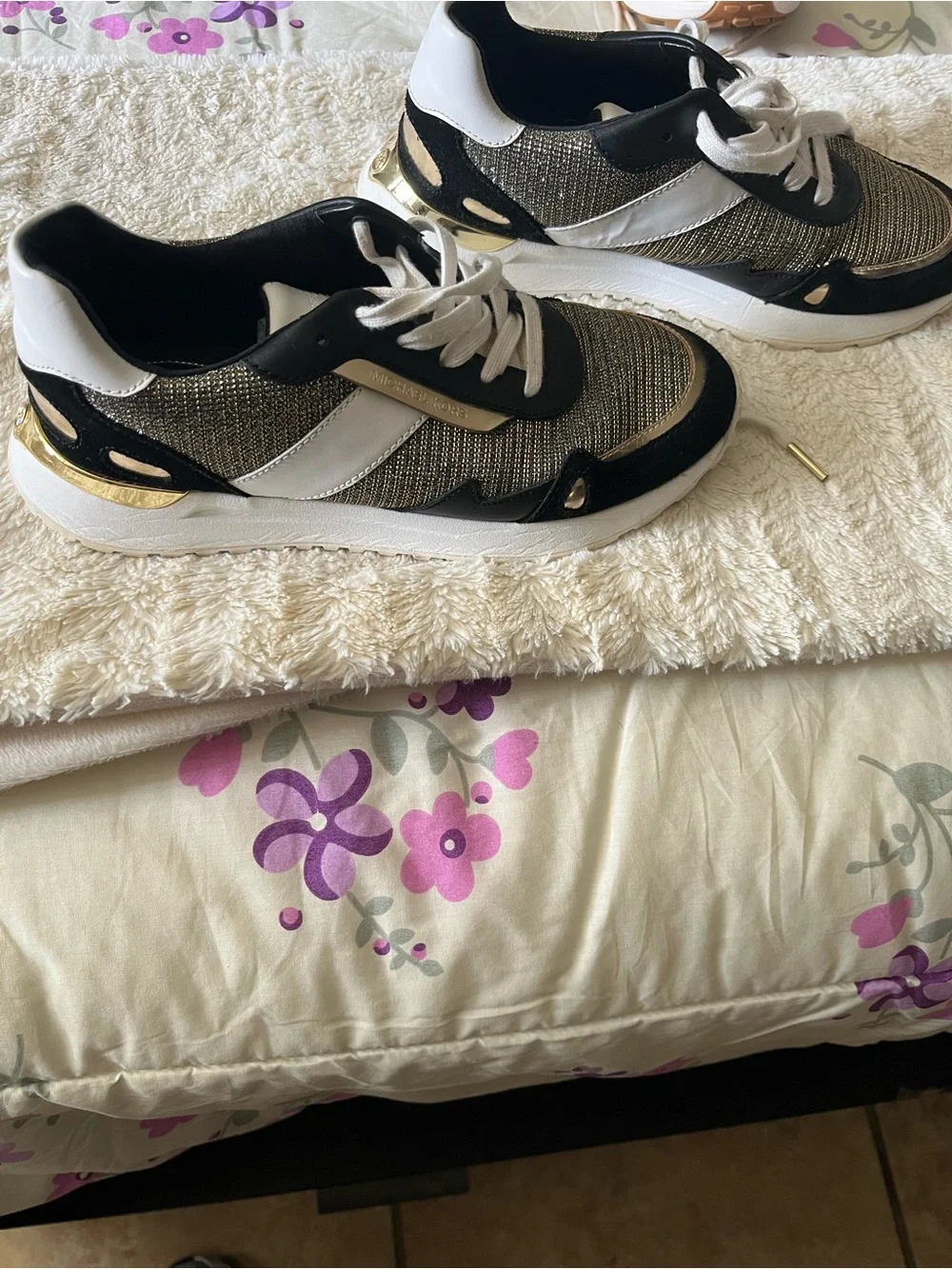 Michael Kors Black White and Gold Mesh Platform Sneakers